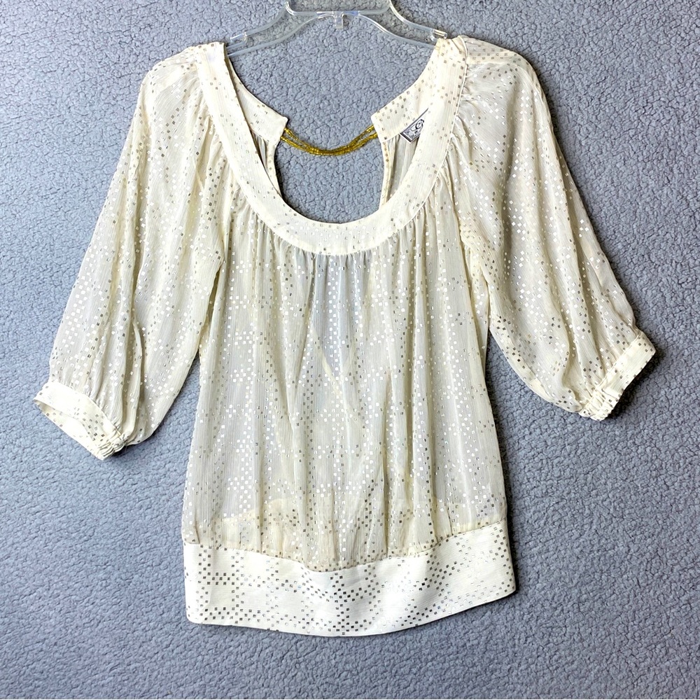 R Guess Womens Sparkly Top size XS Cream Metallic Short Sleeve Blouse Sheer Y2K